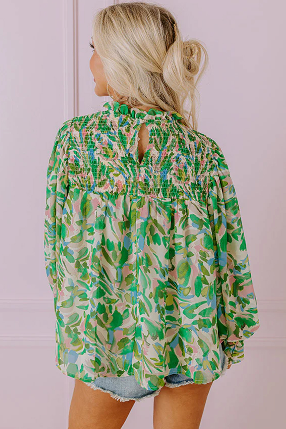 Green Leafy Printed Flounce Sleeve Shirred Mock Neck Blouse - loveforevers