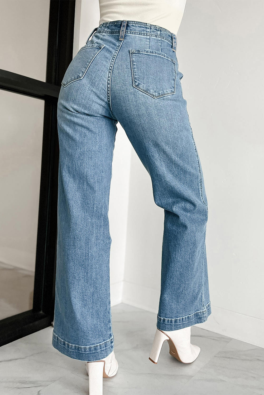 Dusk Blue Multi Buttons Medium Wash Straight Loose Leg Jeans - loveforevers