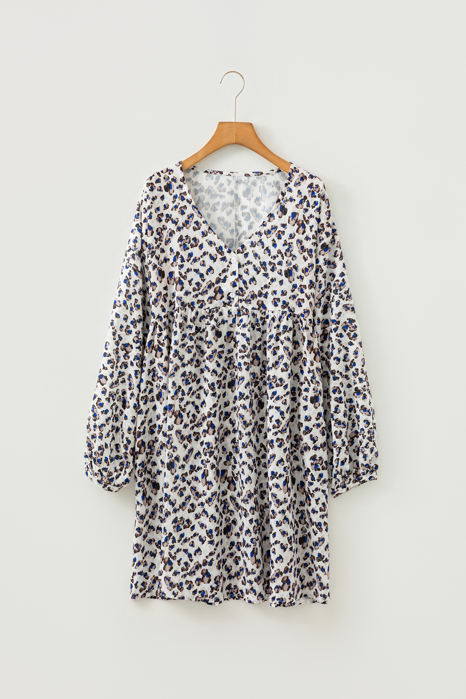 Multicolour Leopard Print V Neck Button Detail Long Sleeve Mini Dress - loveforevers