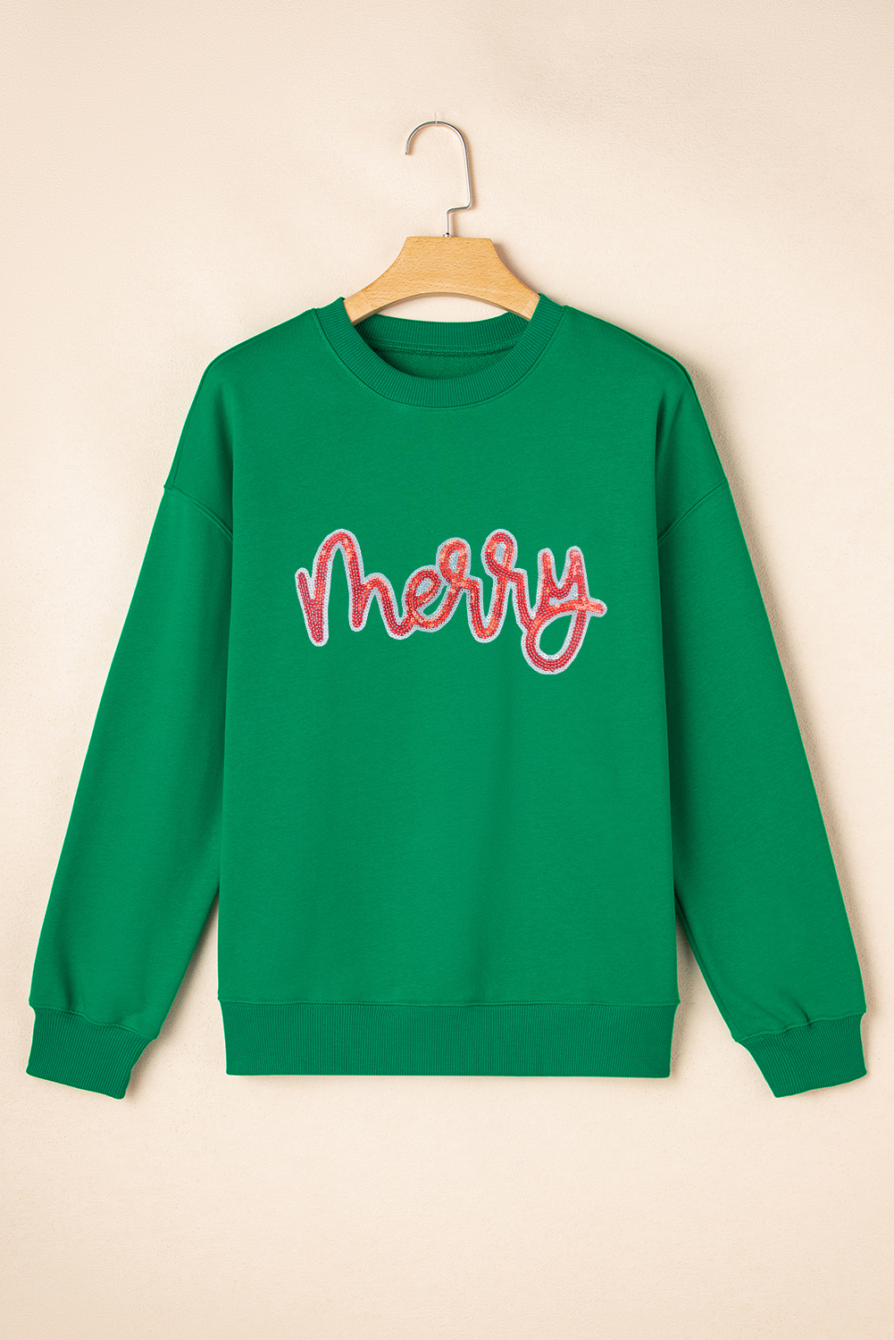 Dark Green merry Sequin Letter Patched Drop Shoulder Baggy Sweatshirt - loveforevers