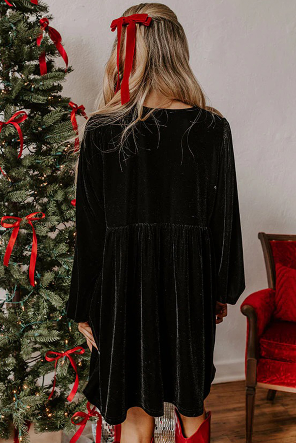 Black Front Tie Velvet Bubble Sleeve Mini Dress - loveforevers