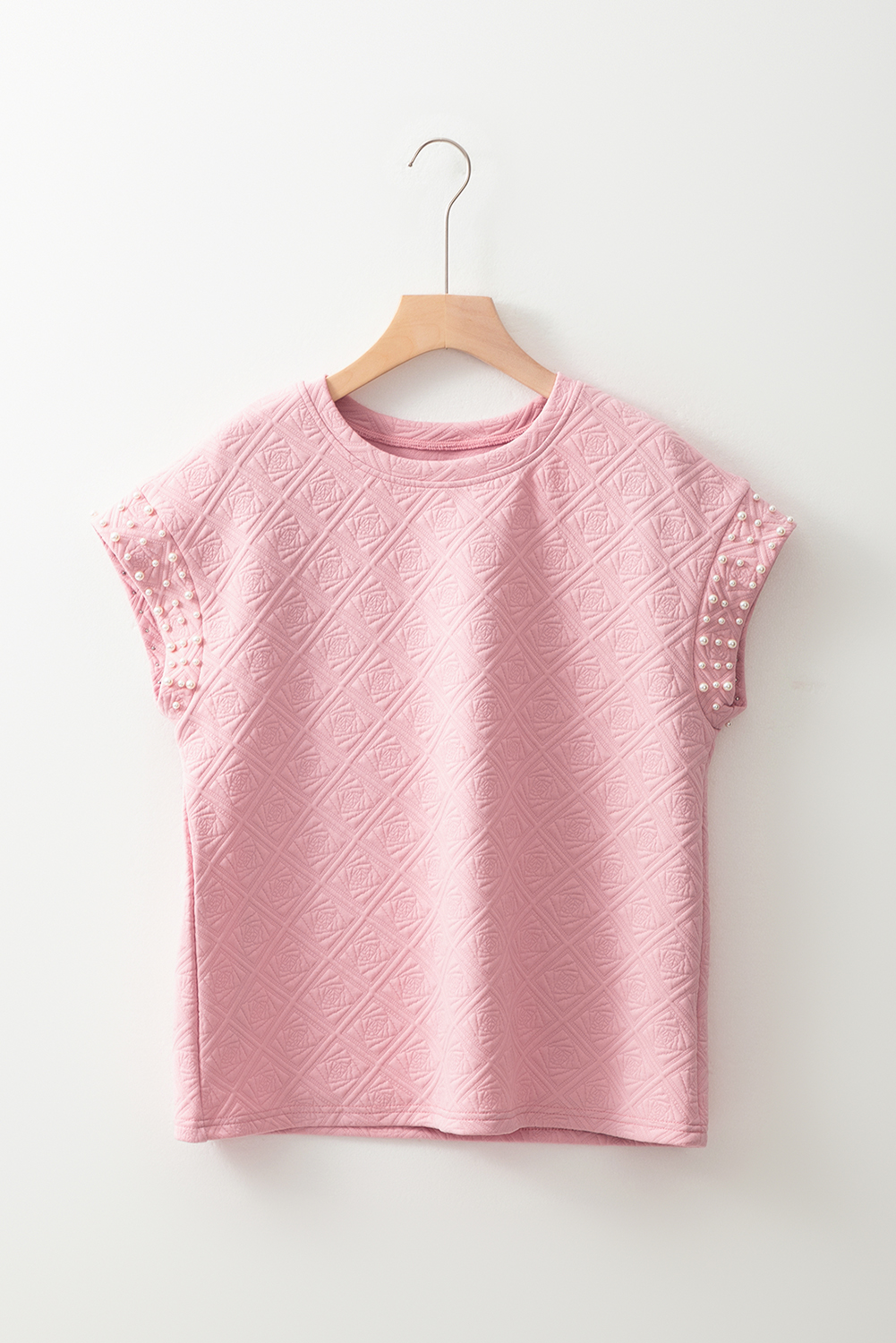 Light Pink Pearl Embellished Flower Textured T Shirt - loveforevers