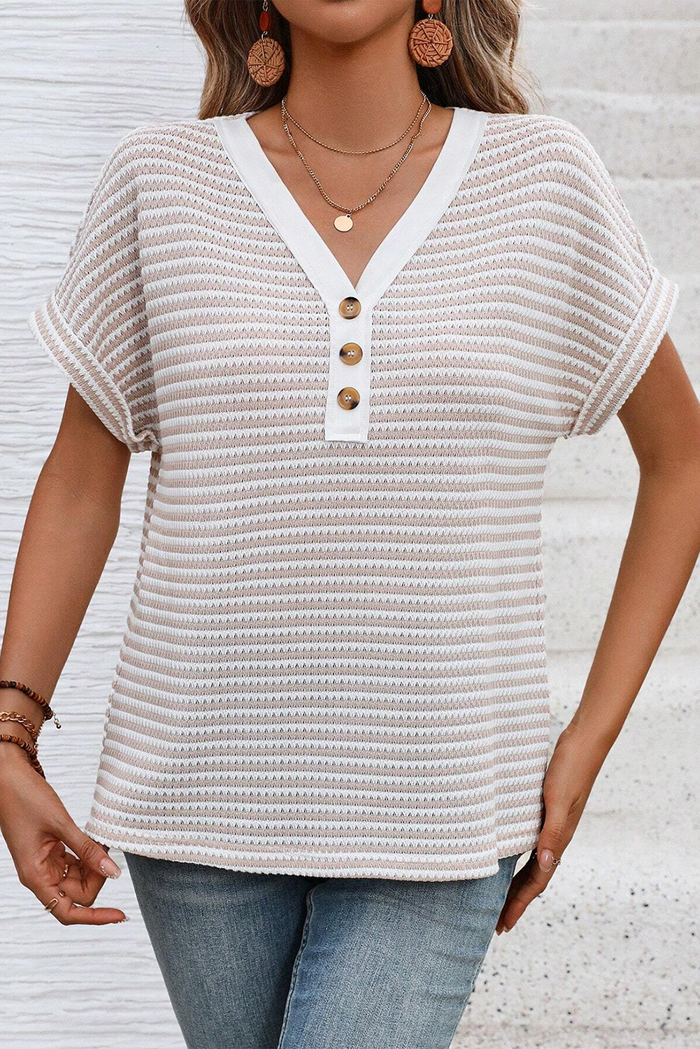 Khaki Stripe Buttoned Front V Neck Knitted T Shirt - loveforevers