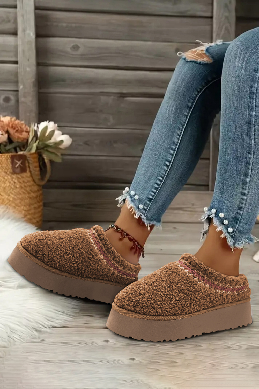 Oatmeal Embroidered Sherpa Plush Thick Sole Snow Boots - loveforevers