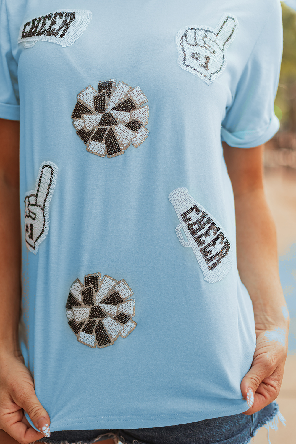 Light Blue Cheer Game Day Element Sequin Patched T Shirt - loveforevers