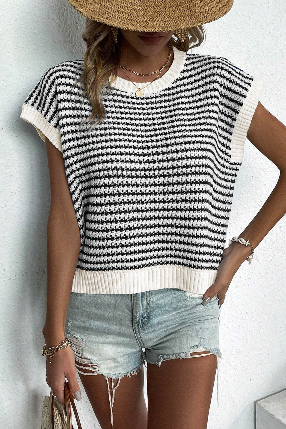 Blue Stripe Ribbed Trim Loose Fit Knitted Sweater Vest - loveforevers