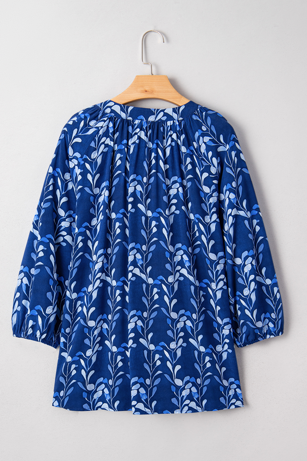 Blue Botanical Print Bracelet Sleeve Notched Neck Blouse - loveforevers