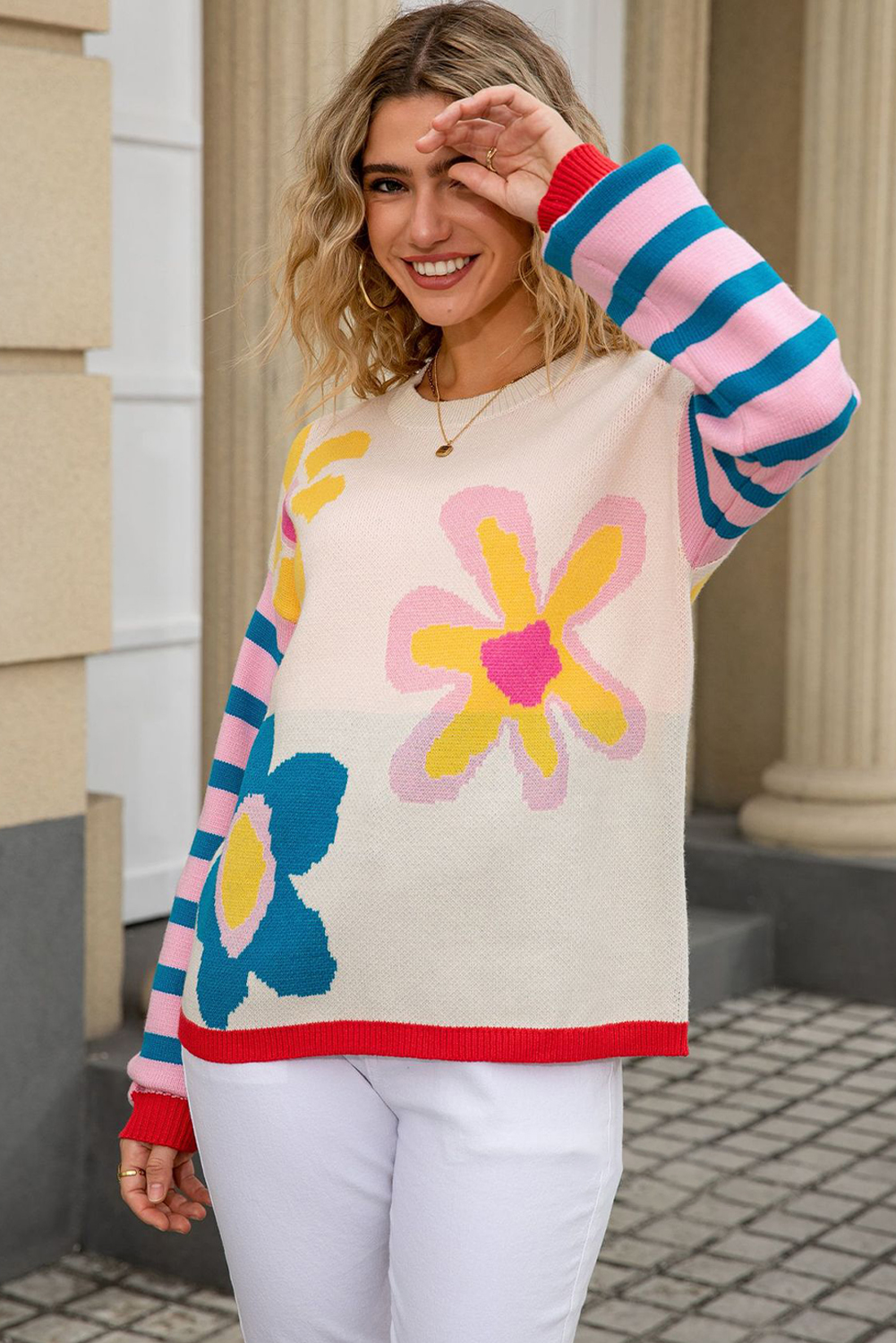 Apricot Cute Flower Pattern Striped Sleeve Sweater - loveforevers