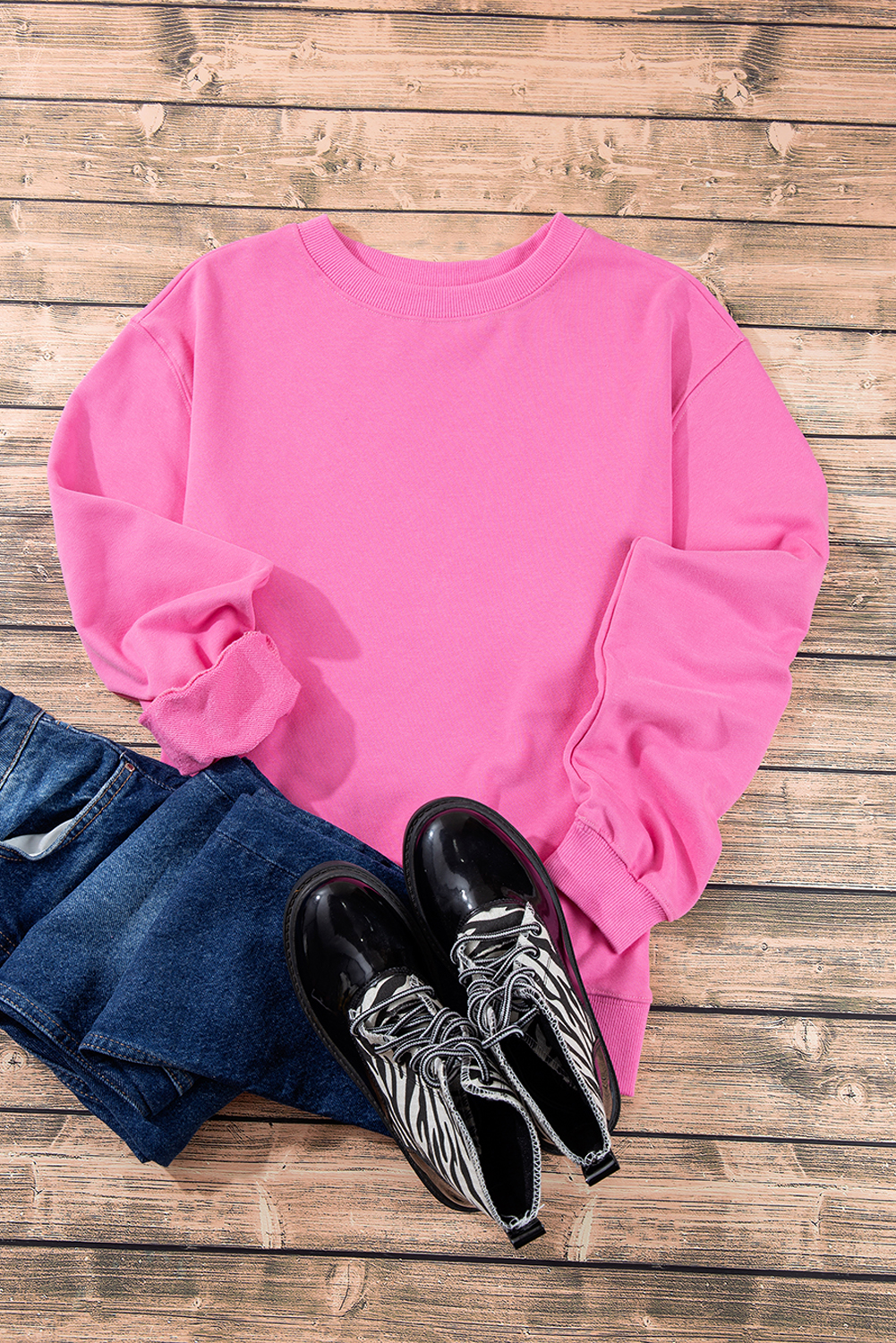 Navy Blue Plain Drop Shoulder Crewneck Pullover Sweatshirt - loveforevers