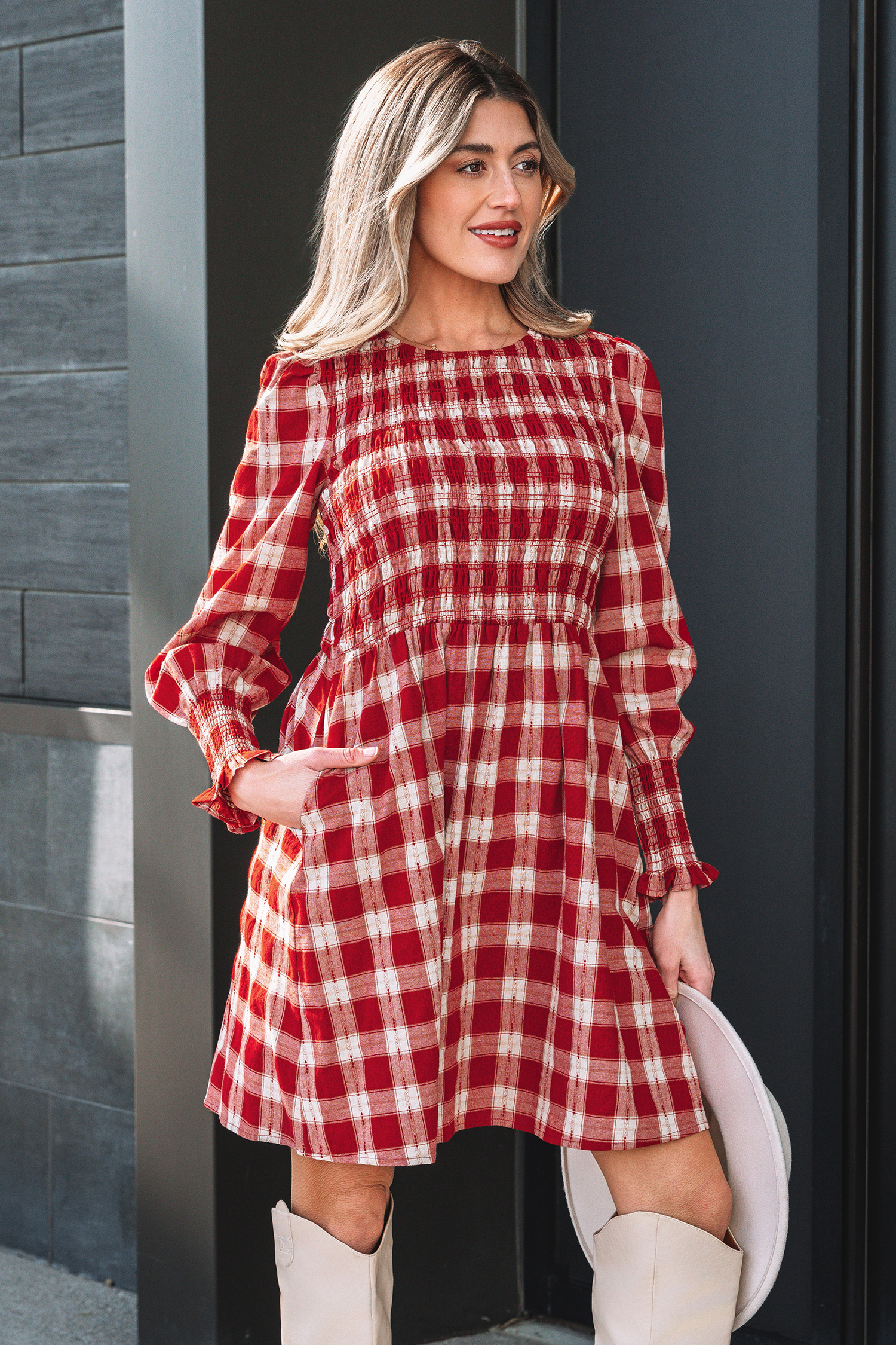 Red Plaid Print Smocked Puff Sleeve Mini Dress - loveforevers