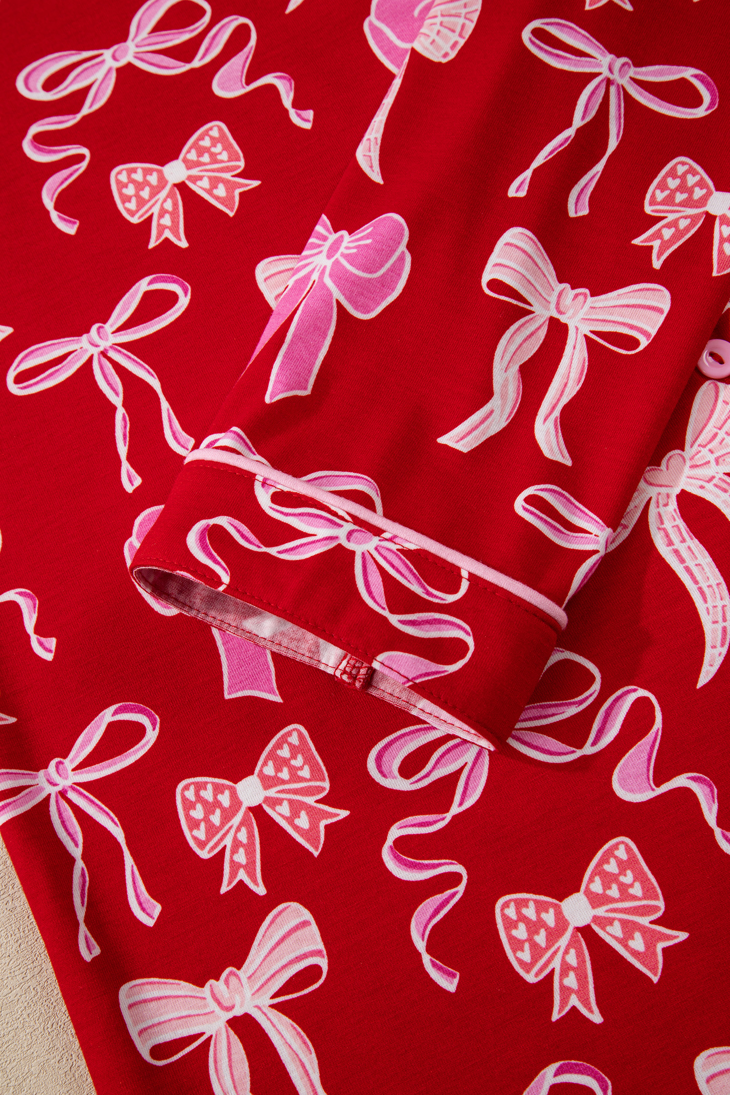 Red Sweet Bow Print Shirt Style Top Long 2pcs Pajama Set - loveforevers