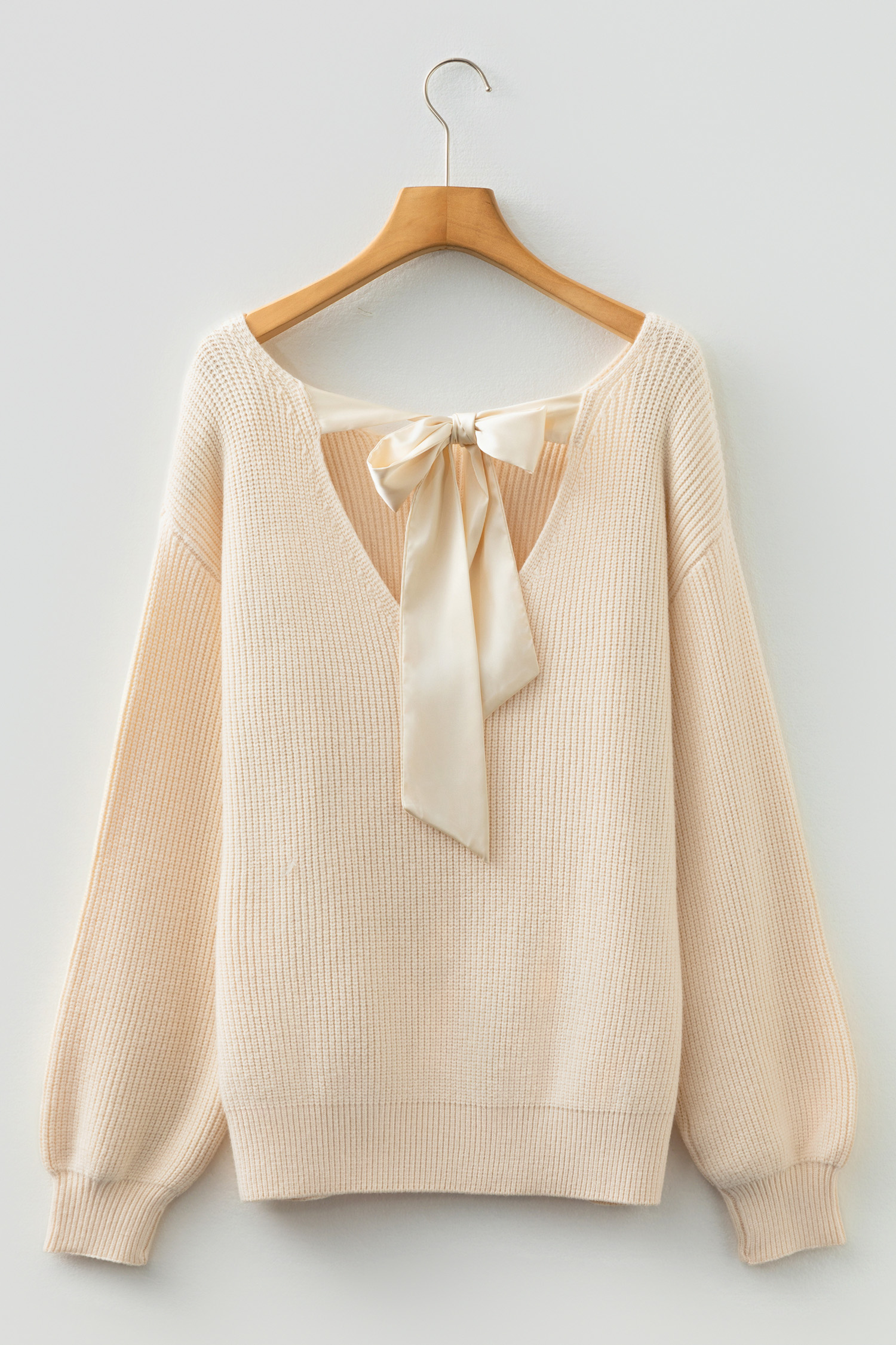Black Ribbed Knit Ribbon Knot Backless Drop Shoulder Sweater - loveforevers