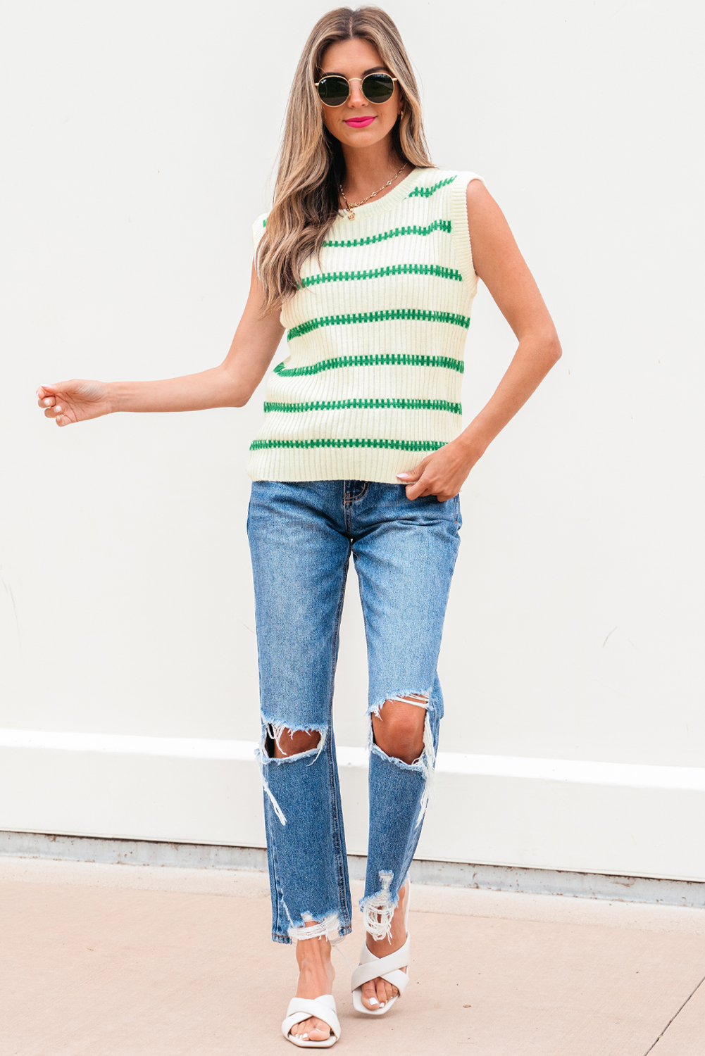 Bright Green Striped Round Neck Casual Sweater Vest - loveforevers