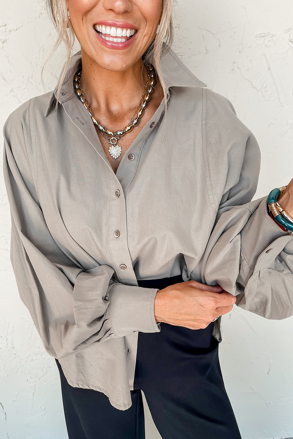 High Solid Color Balloon Sleeve Side Slits Loose Fit Shirt - loveforevers