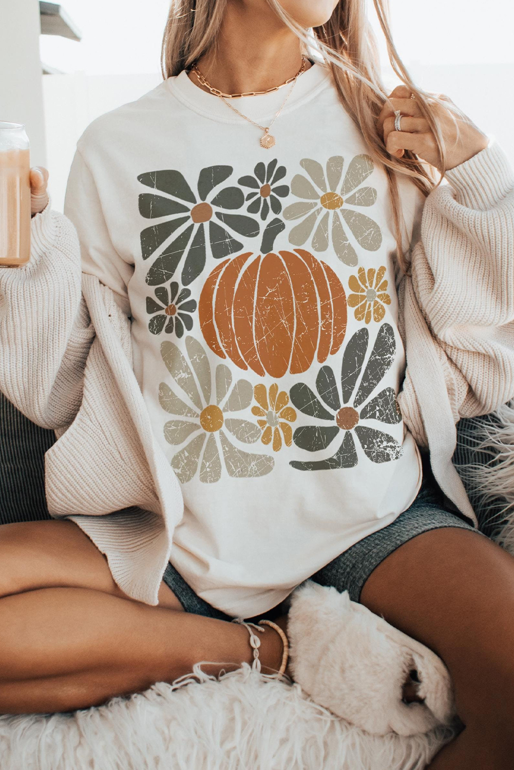 White Thanksgiving Pumpkin Print Loose Crewneck Tunic T Shirt - loveforevers