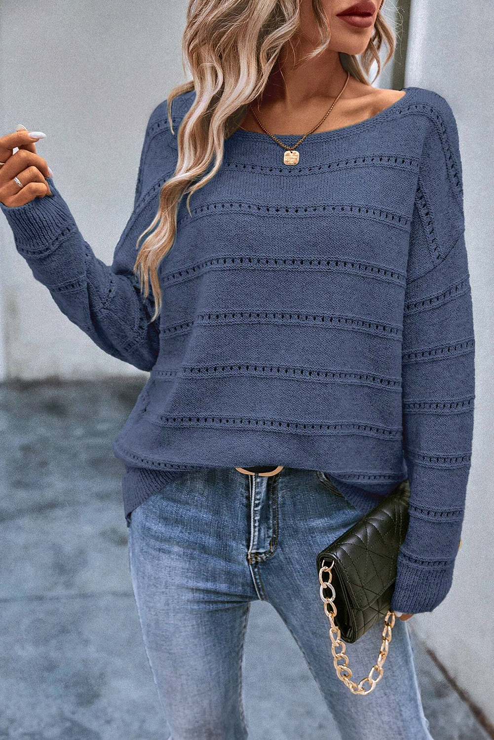 Real Teal Boat Neck Drop Shoulder Pointelle Knit Sweater - loveforevers