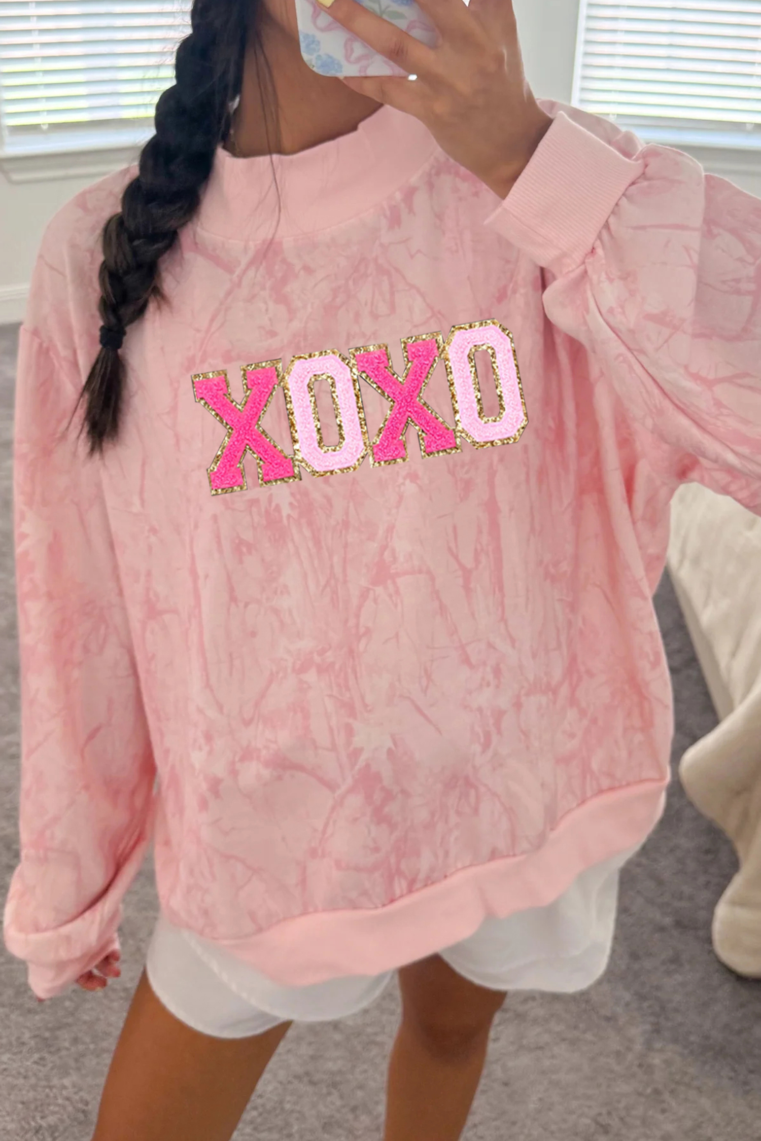 Pink Tie Dye Camo Sequin Love Heart Patched Mock Neck Sweatshirt - loveforevers