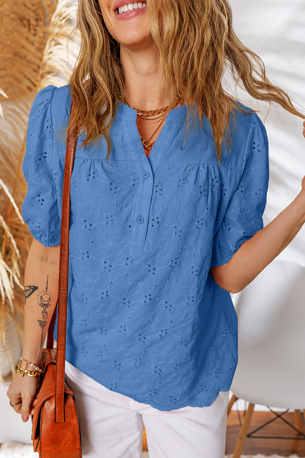 Vineyard Green Lace Crochet V Neck Half Sleeve Embroidery Button Down Blouses Casual Shirts - loveforevers