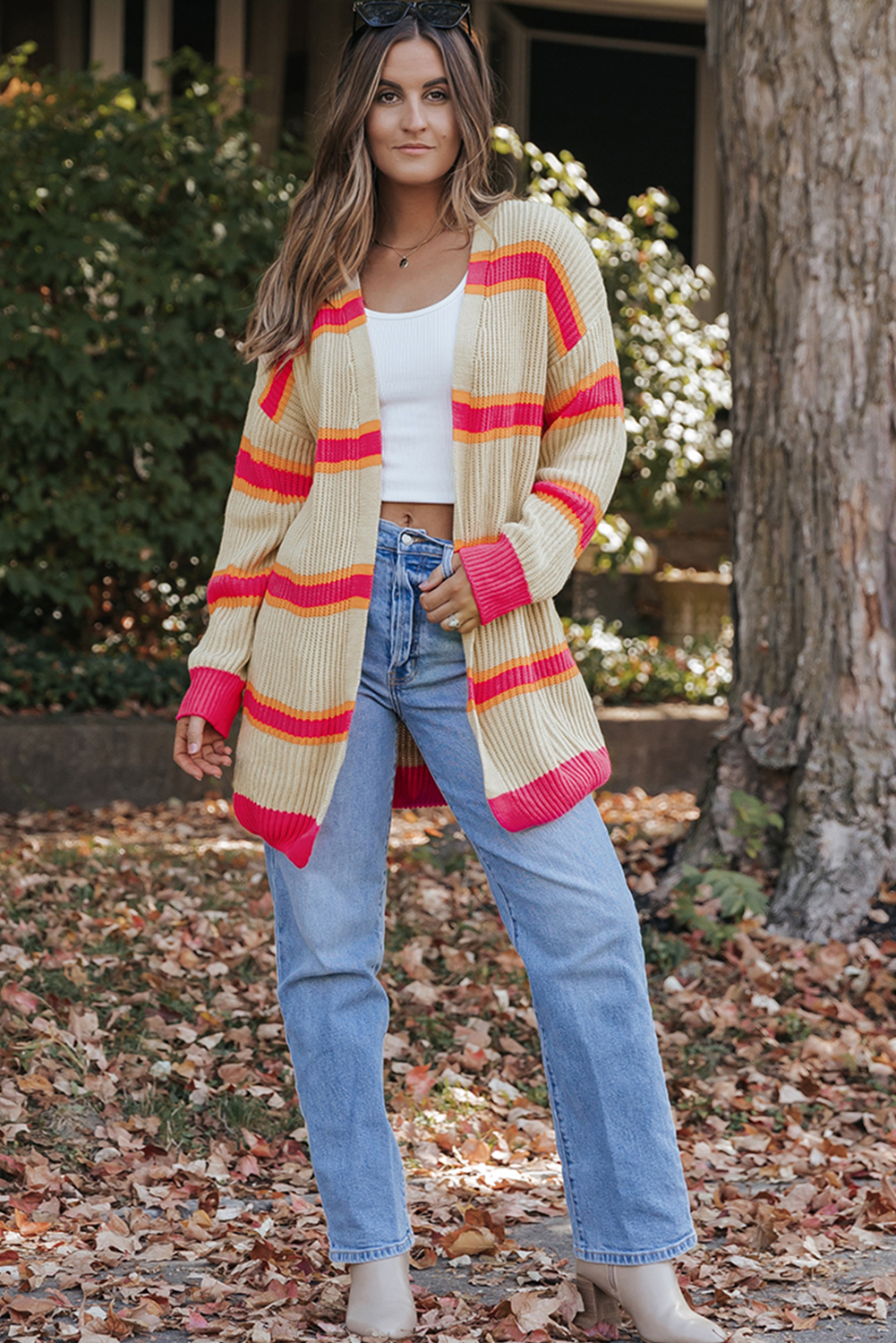 Stripe Printed Ribbed Long Knitted Cardigan - loveforevers