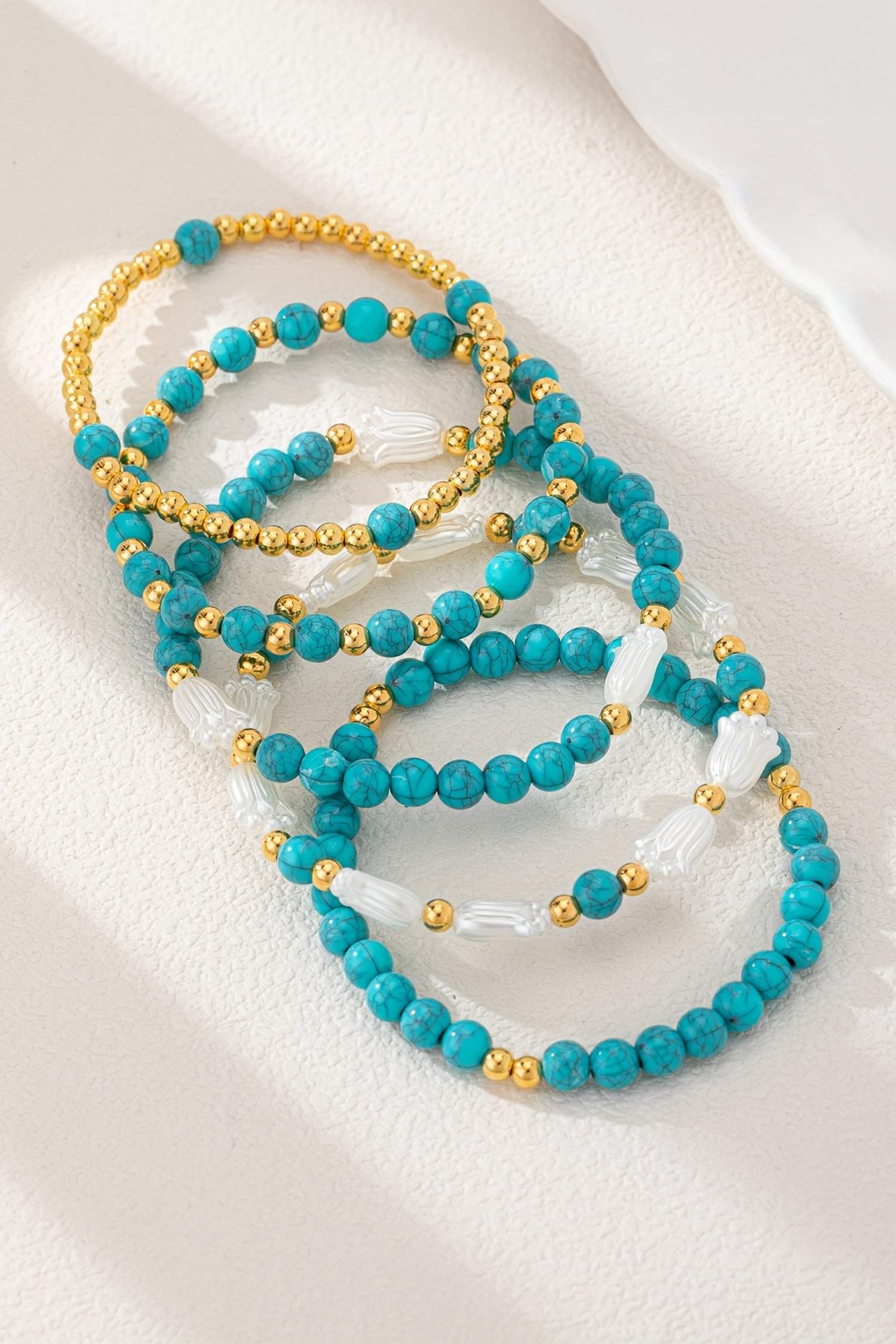 Turquoise Mixed Golden Beads Pearlish Detail 5pcs Bracelet Set - loveforevers