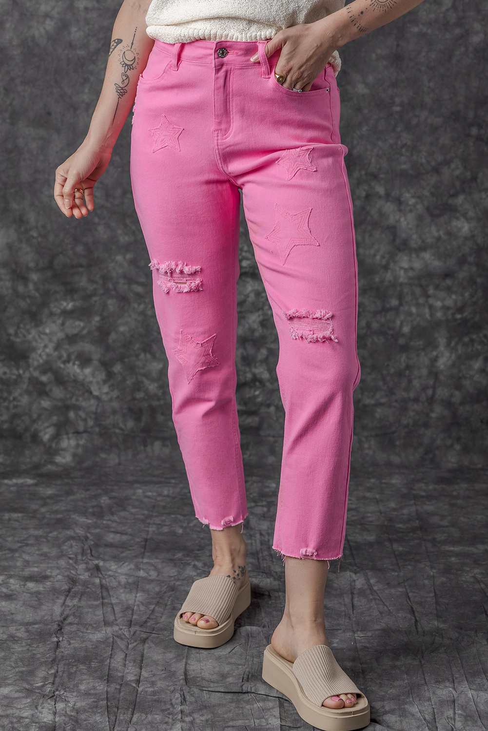 Pink Star Shape Patchwork Mid Waist Straight Leg Jeans - loveforevers