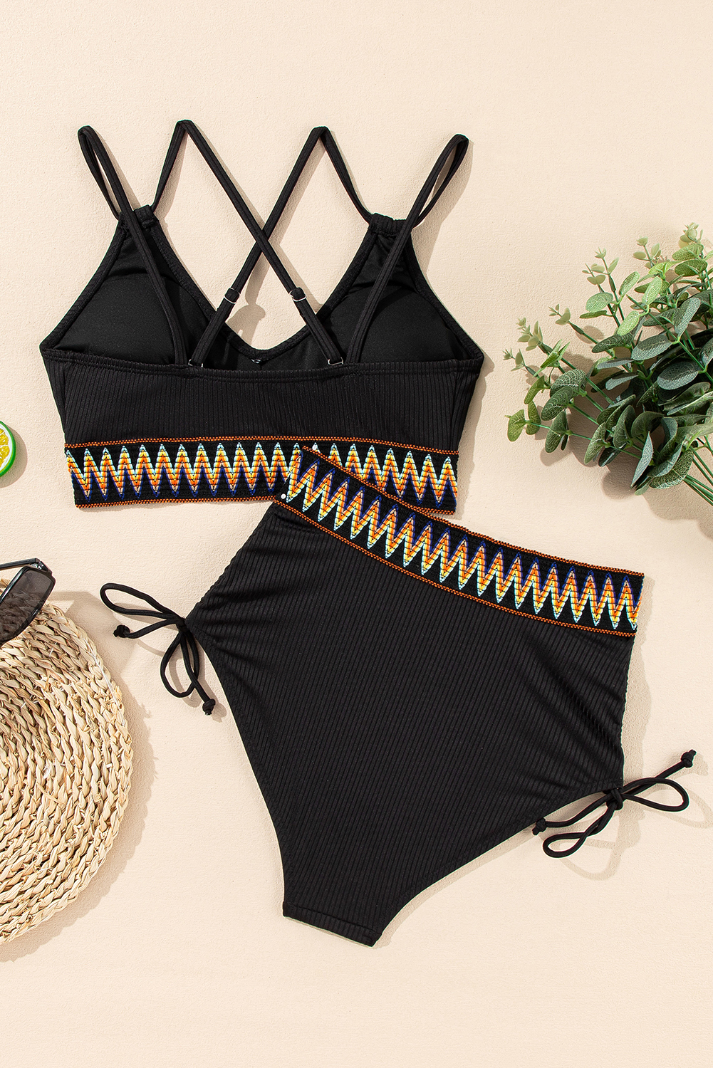 Sky Blue Ribbed Knit Tribal Contrast Detail 2pcs High Waist Swimsuit - loveforevers