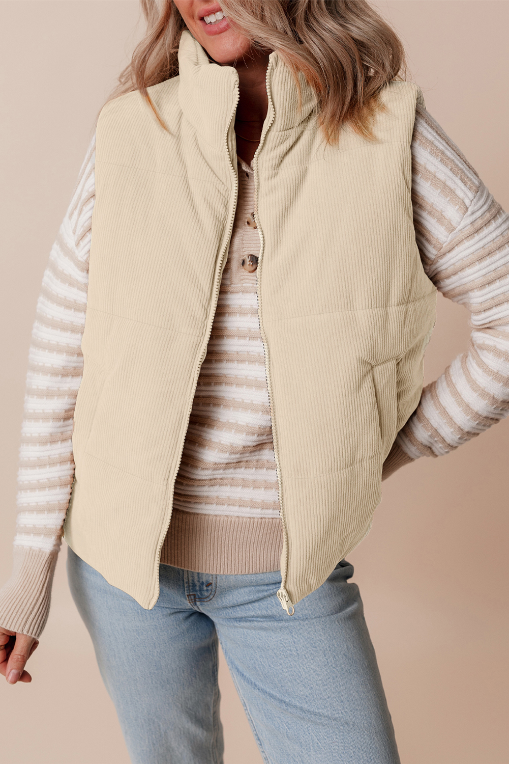 Beige Corduroy Stand Neck Zipped Puffer Vest - loveforevers