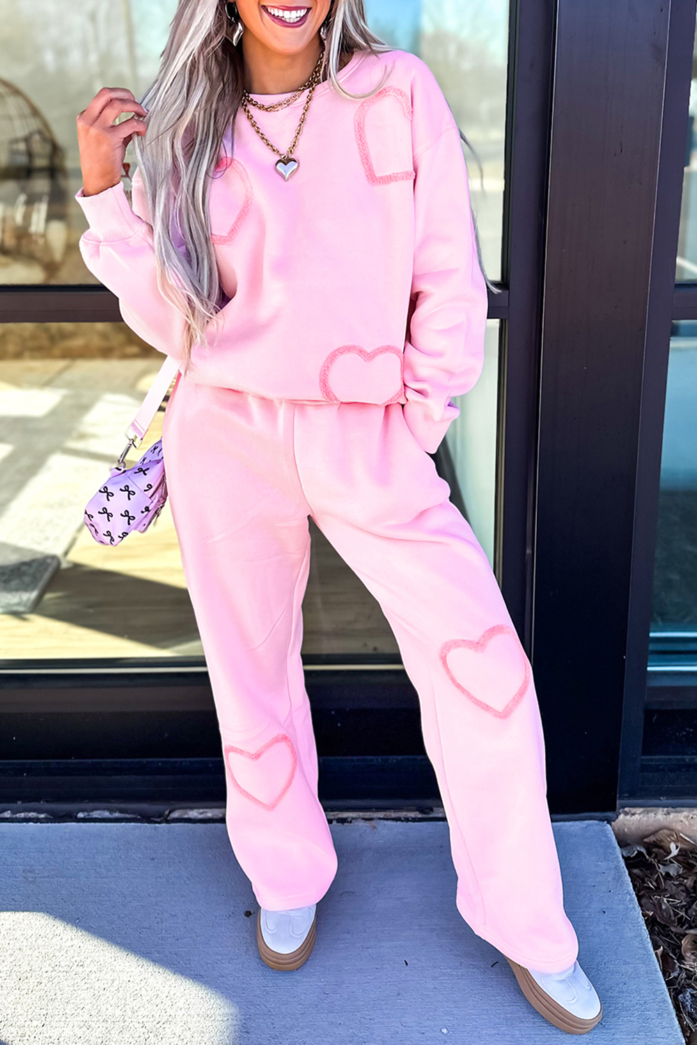 Phalaenopsis Chenille Heart Pattern Casual 2pcs Pants Set - loveforevers