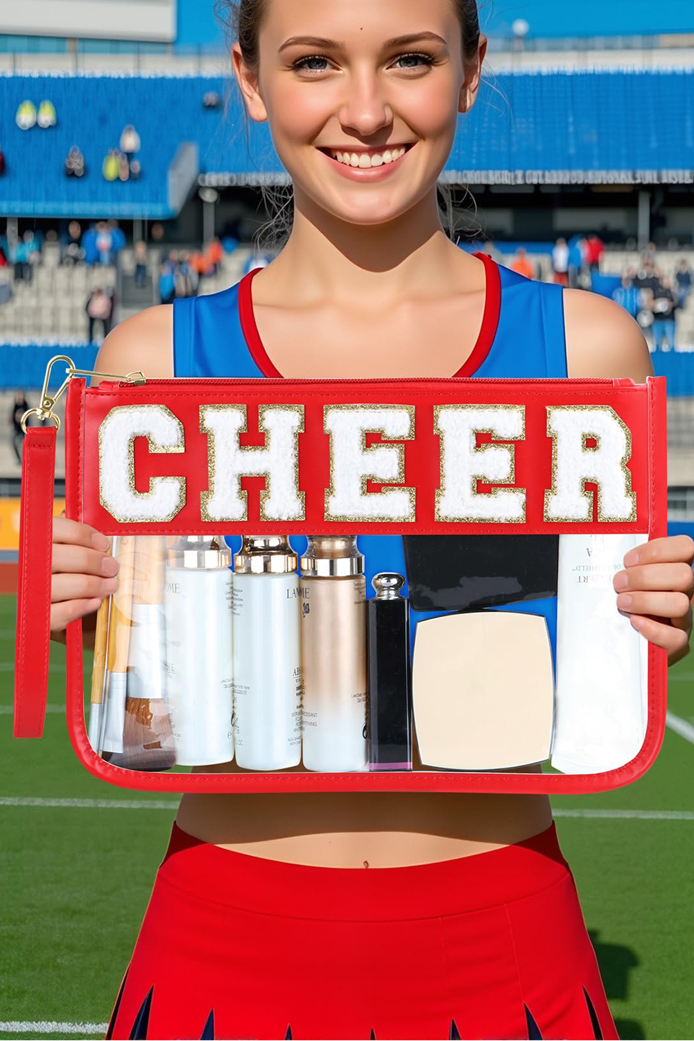 Fiery Red CHEER Chenille Letter PU Leather Patchwork Clear Makeup Bag - loveforevers