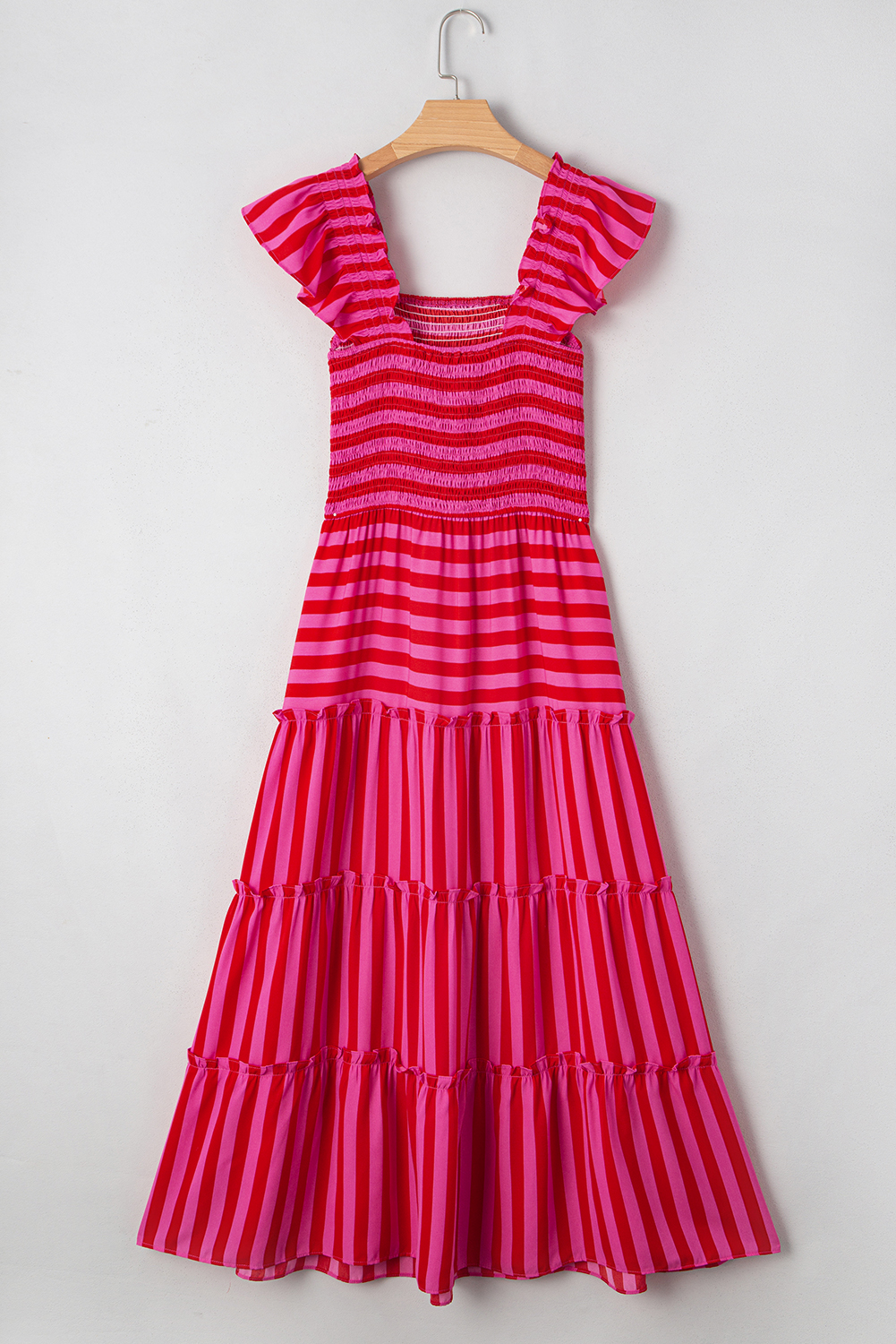 Rose Stripe Flutter Sleeve Smocked Bodice Tiered Maxi Dress - loveforevers