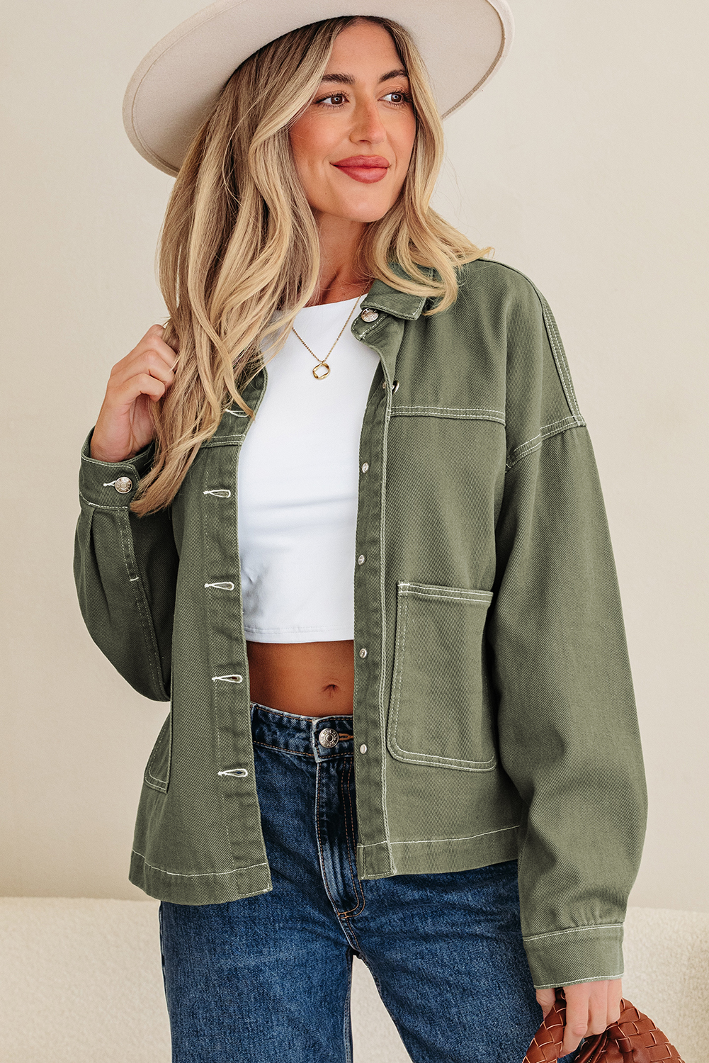 Smoke Green Patched Pocket Collared Button Front Boyfriend Denim Jacket - loveforevers