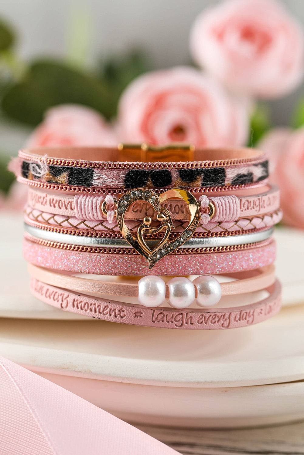 Pink Leopard Letter Print Heart Shaped Magnetic Buckle Bracelet - loveforevers