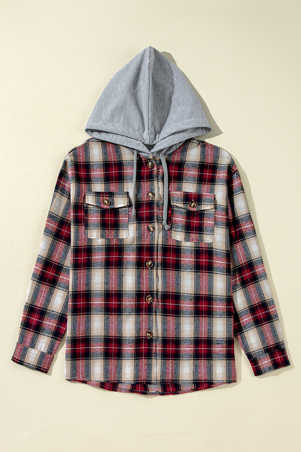 Red Plaid Print Chest Pocket Buttoned Hooded Shacket - loveforevers