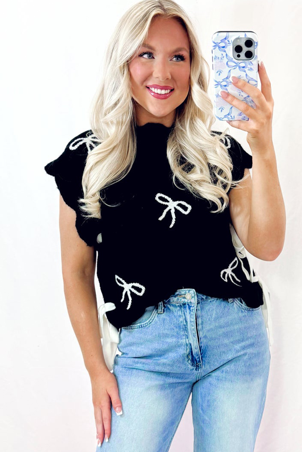 Black Bow Print Side Ties Scalloped Hem Sweater T Shirt - loveforevers