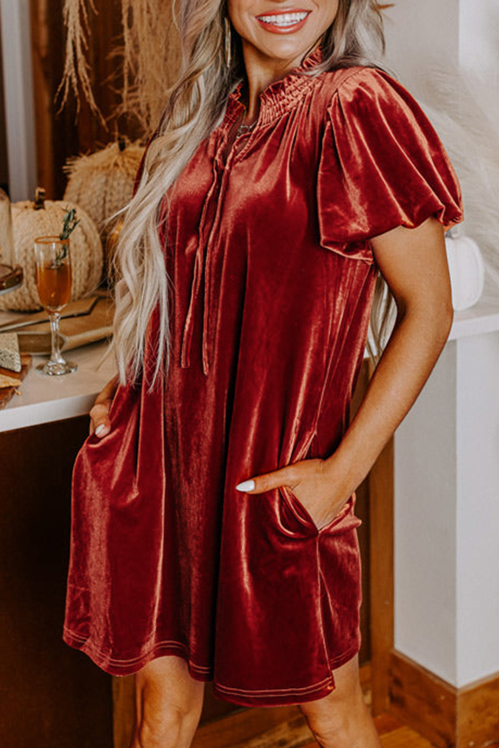 Cinnamon Velvet Smocked Neckline Puff Sleeve Shift Mini Dress - loveforevers