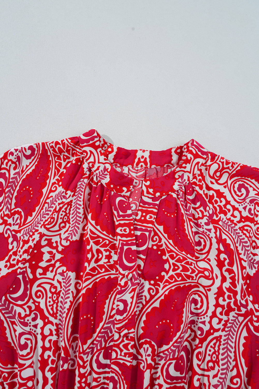 Red Paisley Print Side Slit Puff Sleeve High Waist Maxi Dress - loveforevers