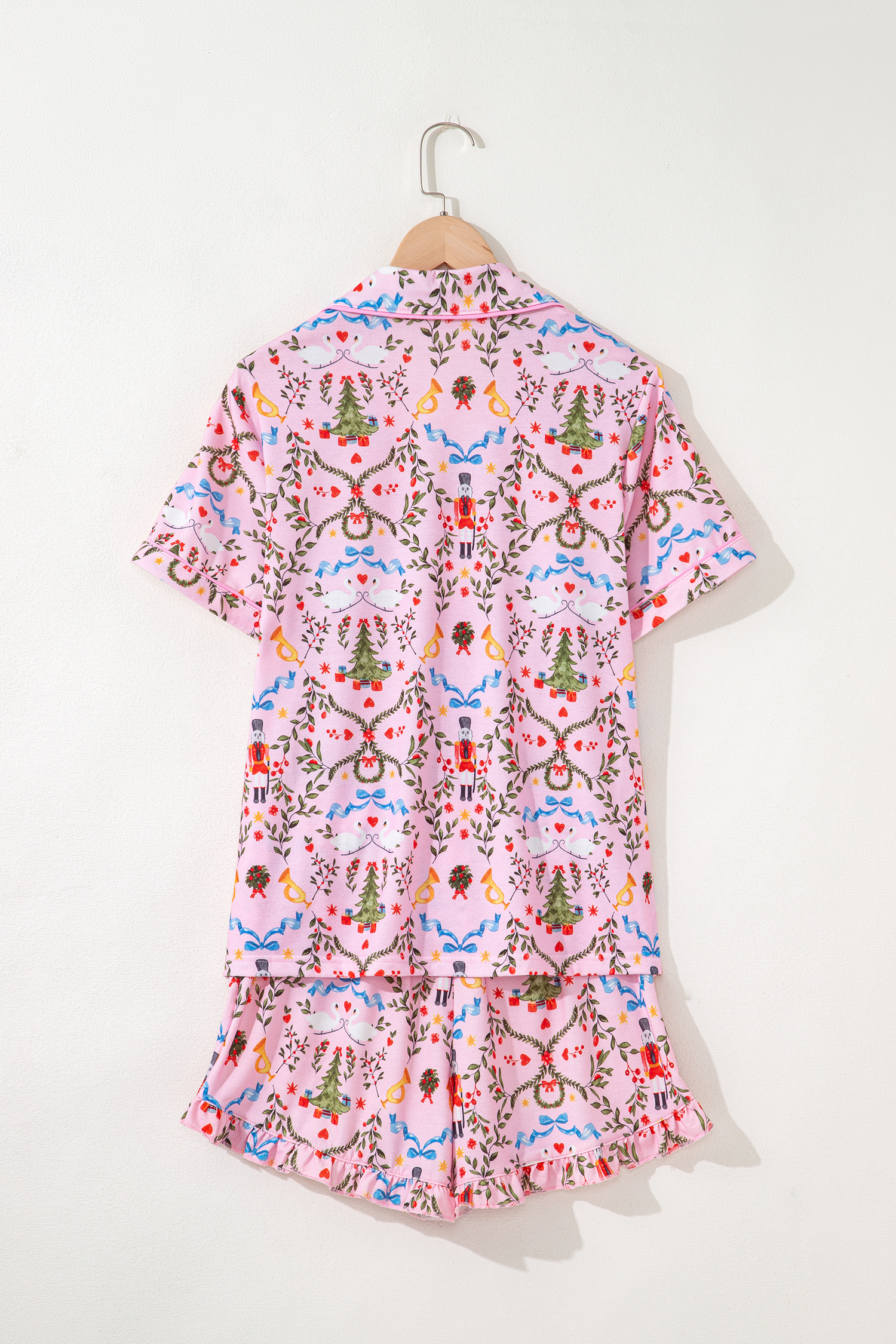 Pink Nutcracker Doll Christmas Print Ribbon Tie Waist Short 2pcs Pajama Set - loveforevers