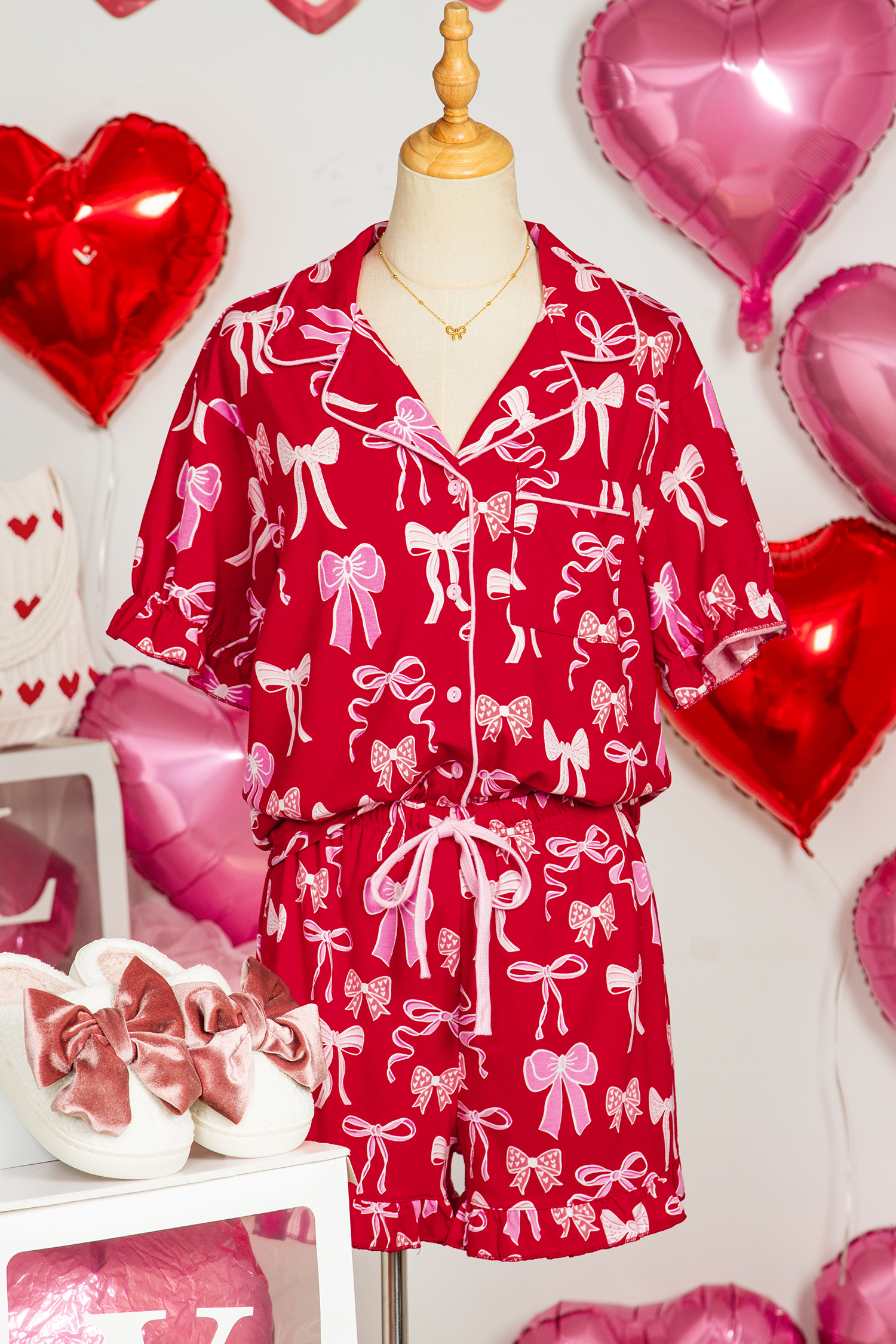 Red Sweet Bow Print Ruffled Short Sleeve Shirt Shorts 2pcs Pajama Set - loveforevers