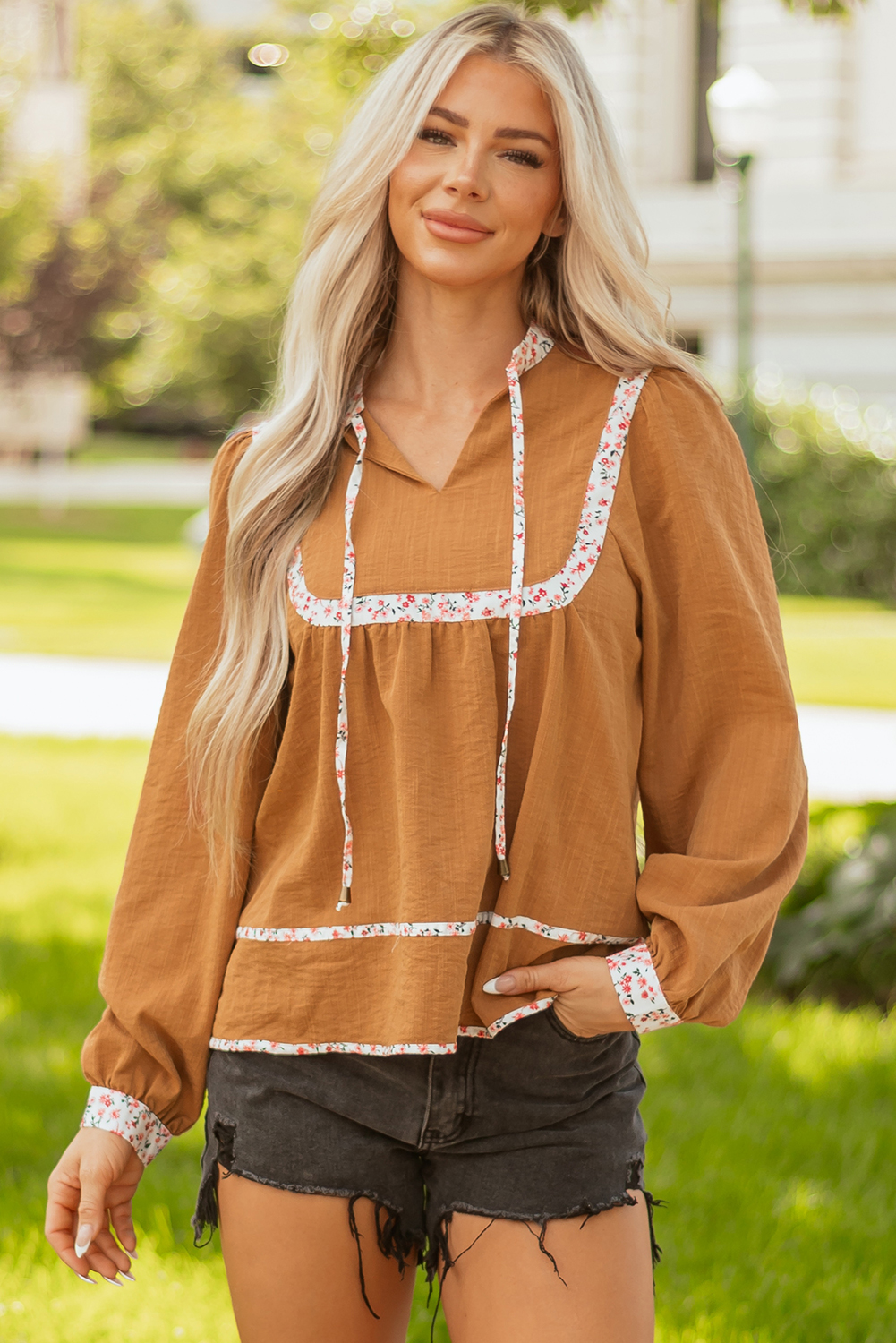 Straw Yellow Split Neck Pleated Floral Trim Long Puff Sleeve Blouse - loveforevers