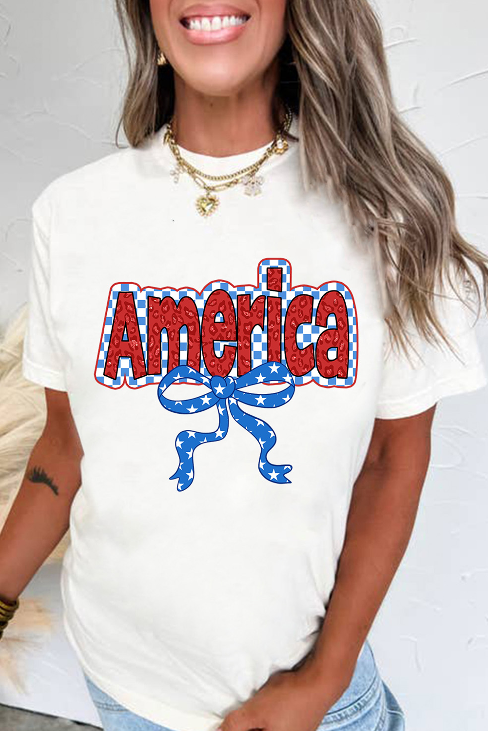 White Funky America Letter Bow Printed T Shirt - loveforevers
