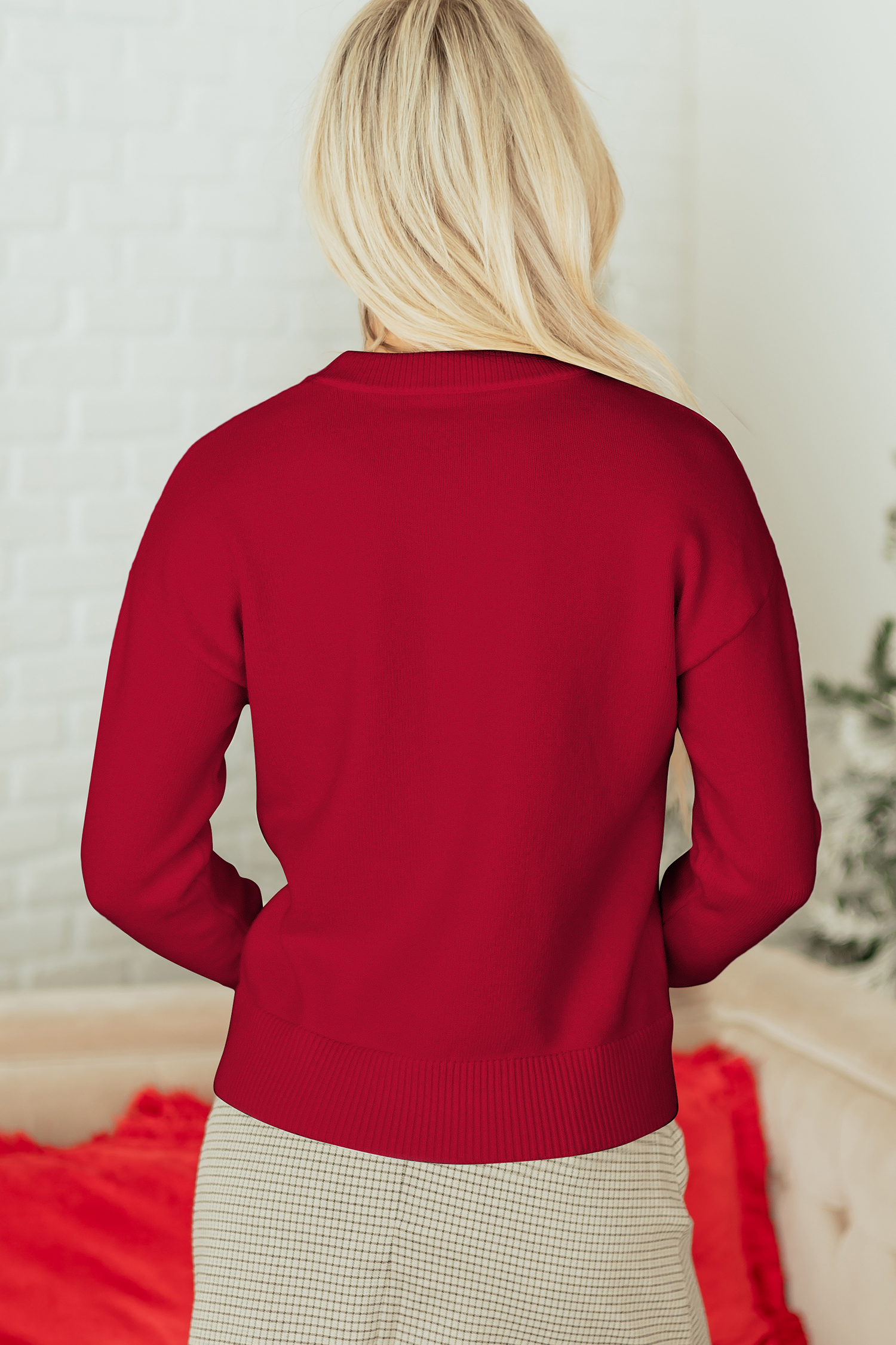 Rose Red Sequined Bow Graphic Christmas Holiday Sweater - loveforevers