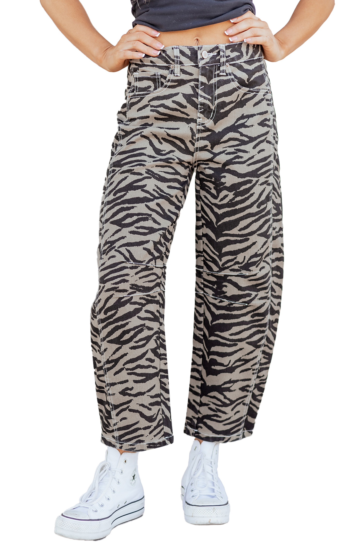 Gray Zebra Stripe Printed Wide Leg Jeans - loveforevers