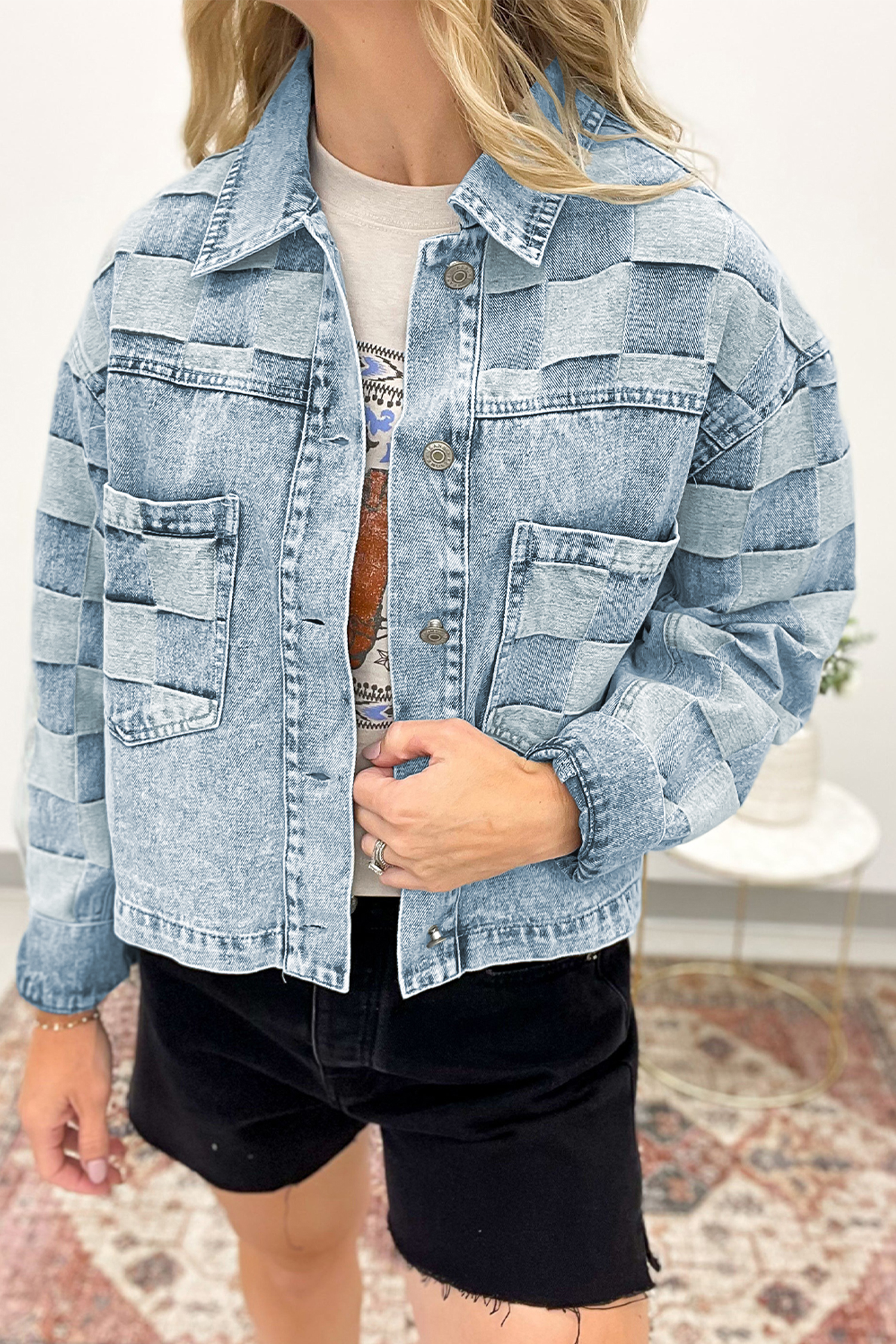 Beau Blue Denim Checkered Pattern Patchwork Womens Casual Jacket - loveforevers
