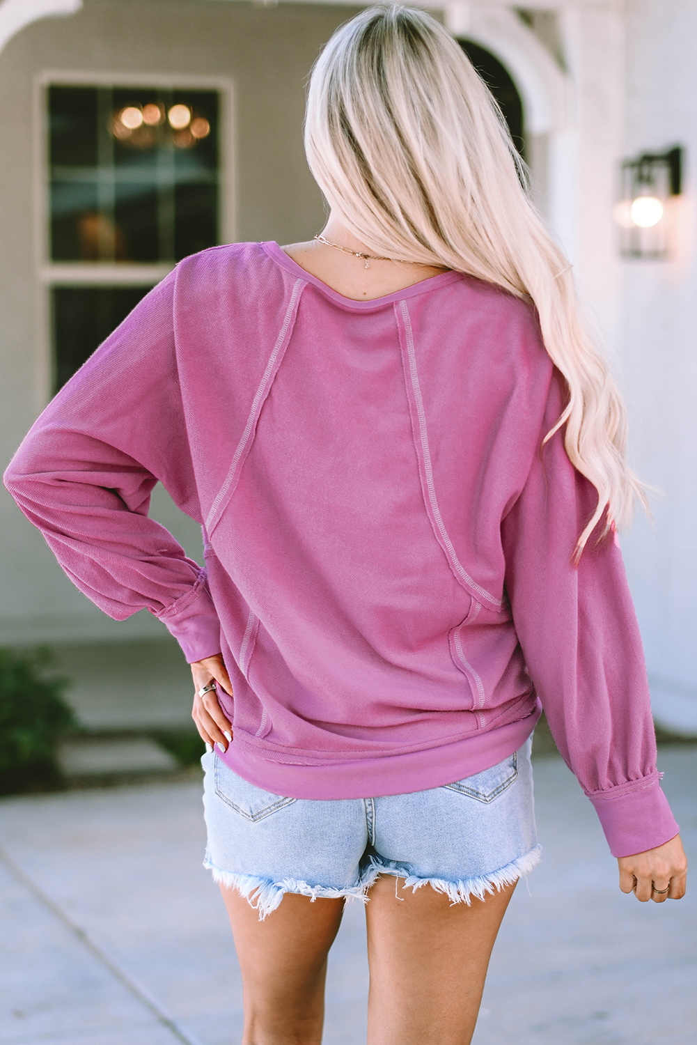 Pink Exposed Seam Round Neck Terry Pullover - loveforevers