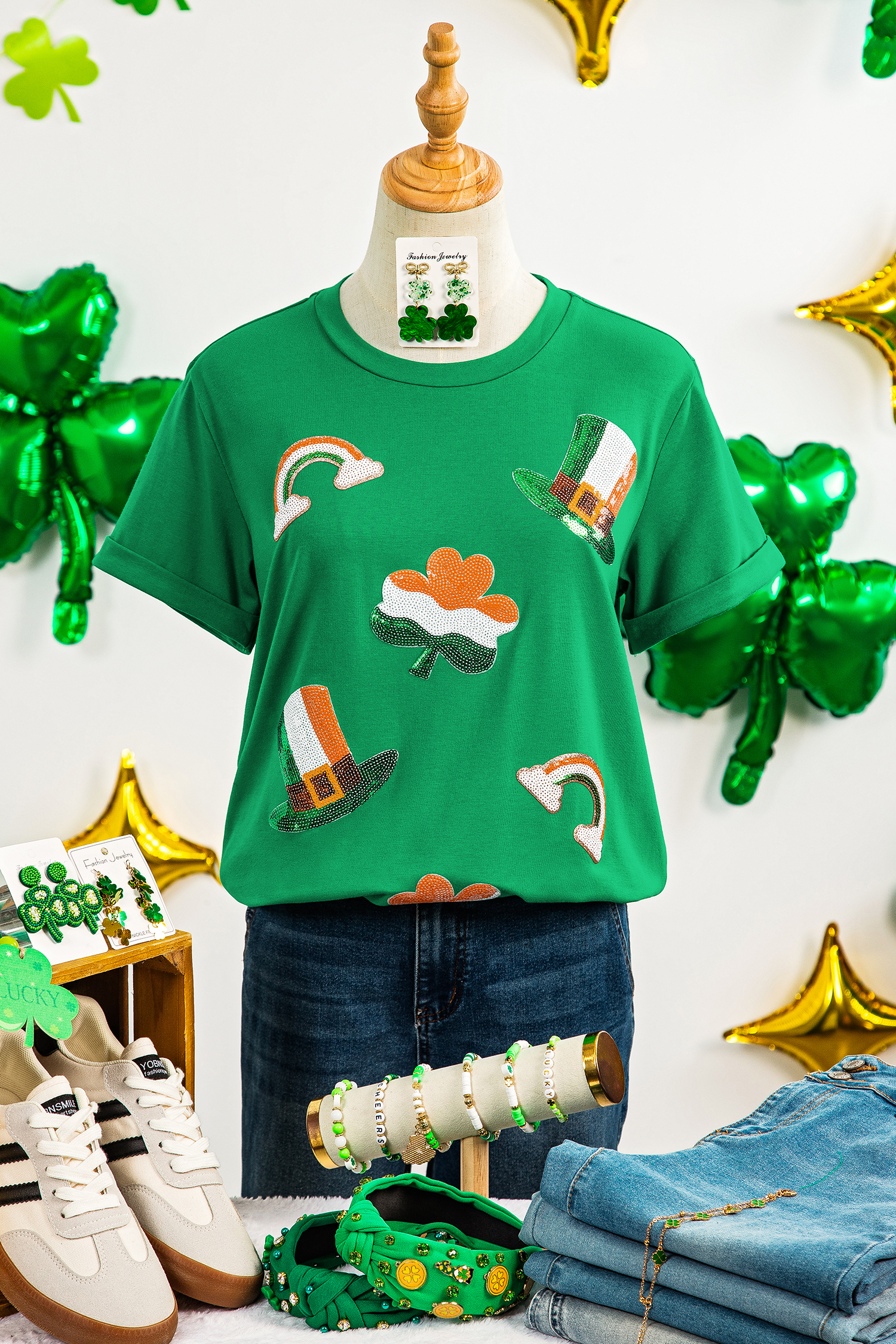Bright Green St Patricks Day Elements Sequin Graphic Tee - loveforevers