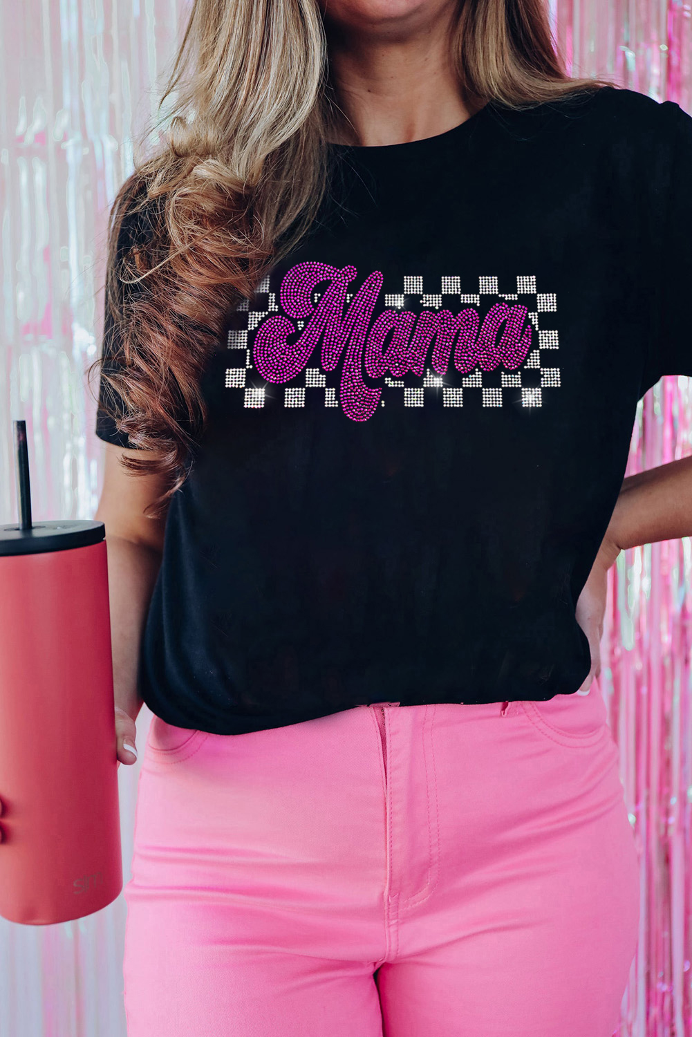 Black Rhinestone Mama Letter Graphic T Shirt - loveforevers