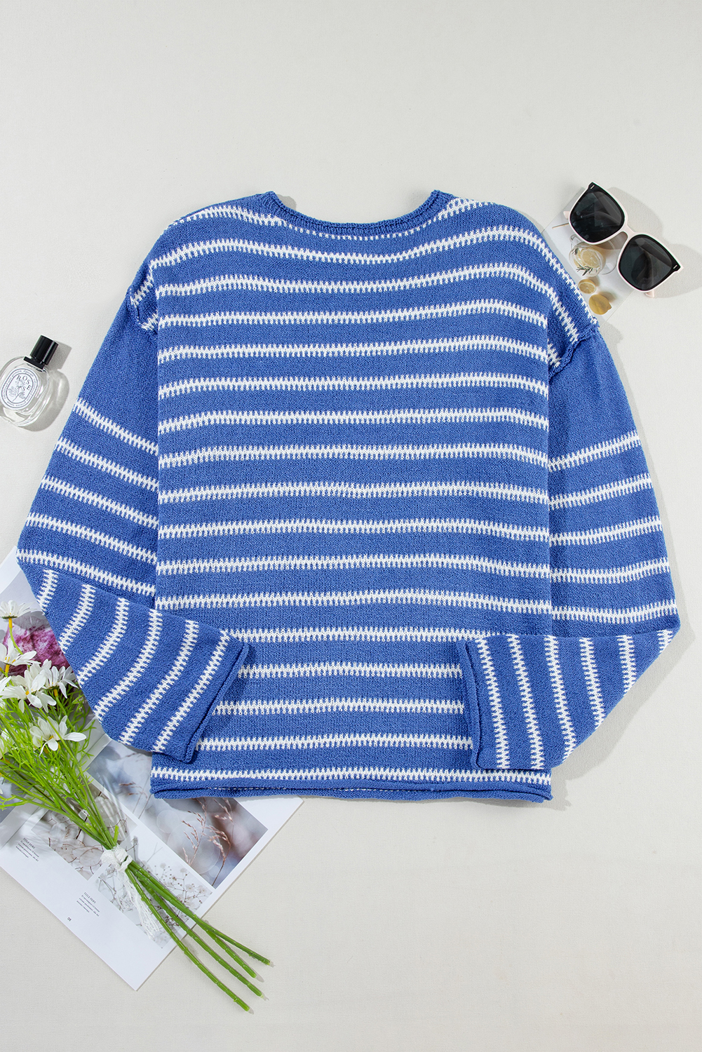 Sky Blue Stripe Drop Shoulder Casual Sweater - loveforevers