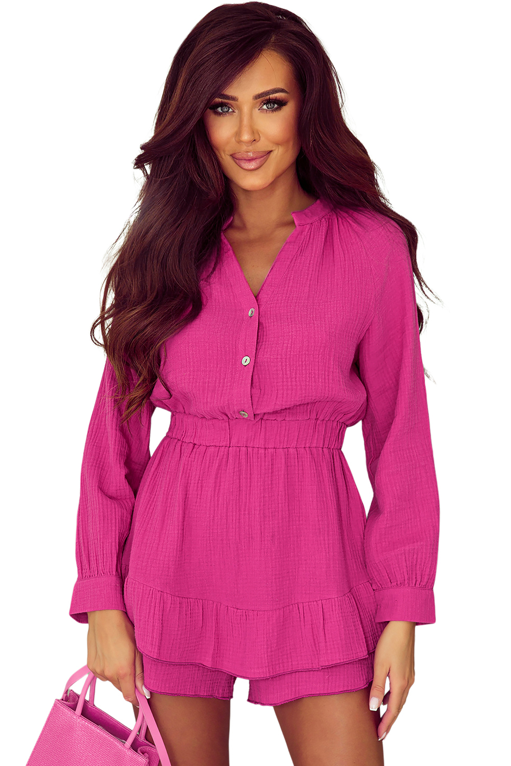 Rose Textured Tiered Ruffled Buttoned Long Sleeve Romper - loveforevers