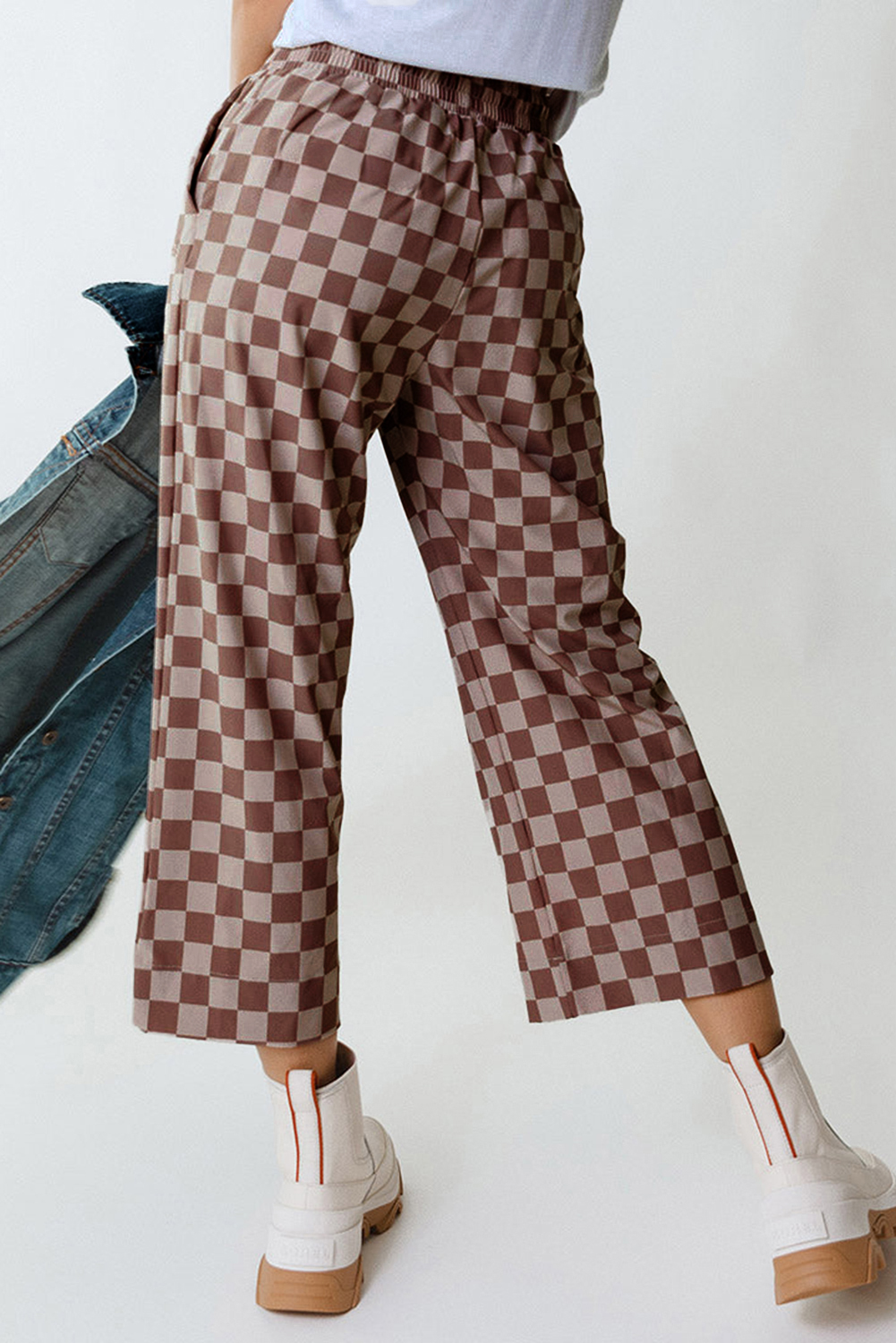 Khaki Checkered Elastic High Waist Loose Casual Pants - loveforevers
