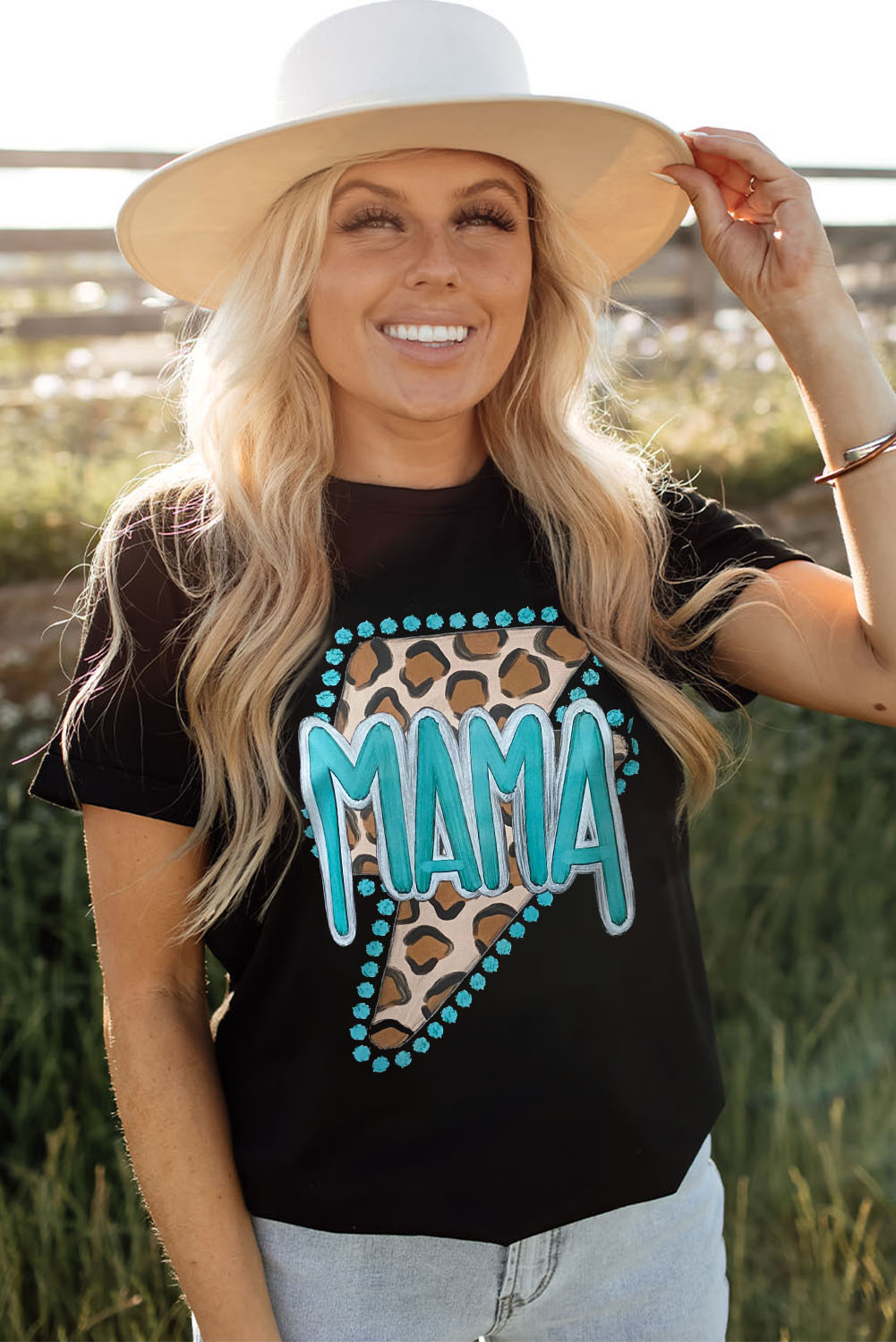 Black Western MAMA Leopard Lightning Graphic Tee - loveforevers